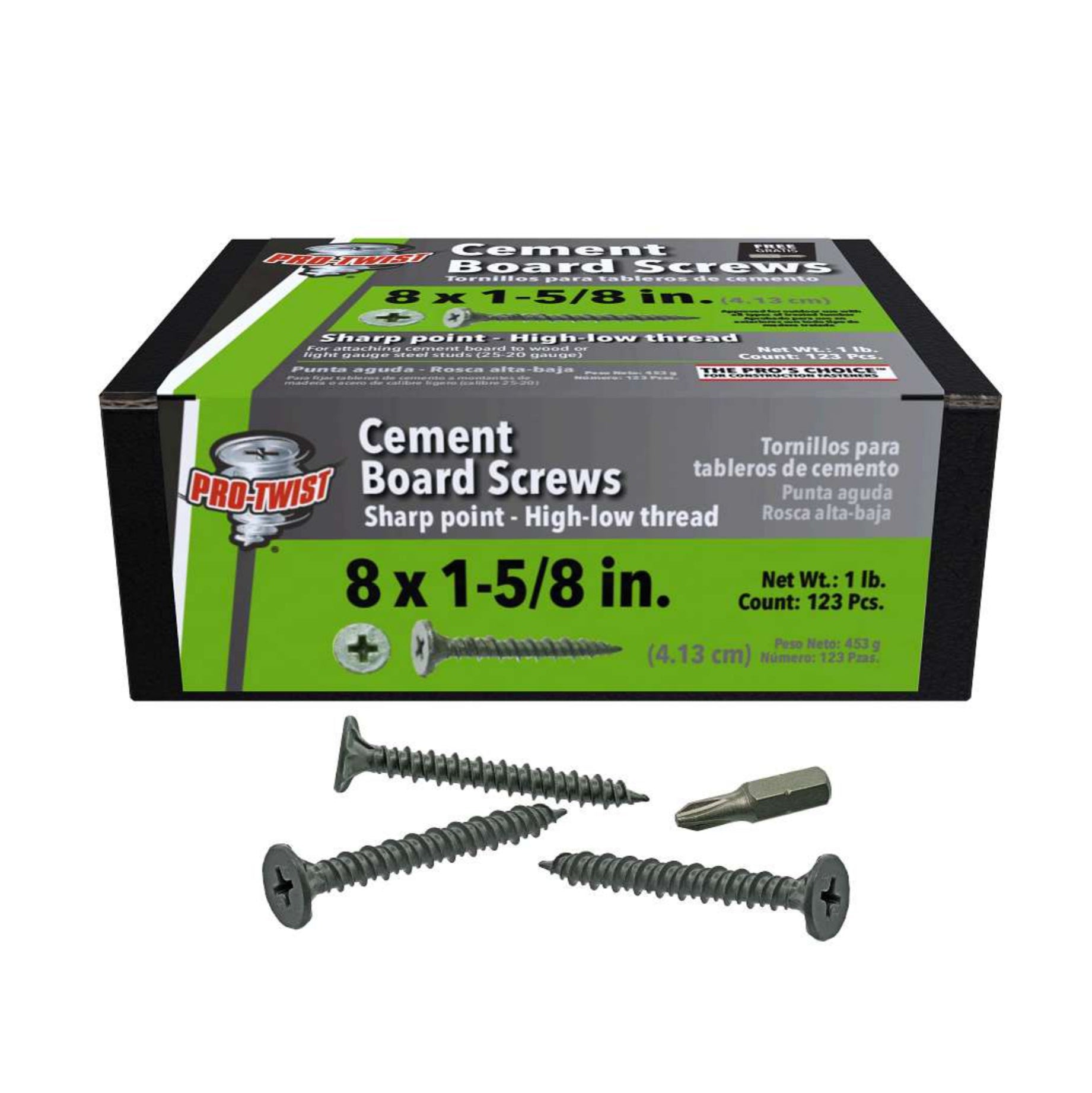 A box of Pro-Twist NCB1581 #8 x 1-5/8 in. Sharp Point High-Low Thread Cement Board Screws (1 lb., 123/pack) with three screws and a screwdriver bit shown in front of the box.
